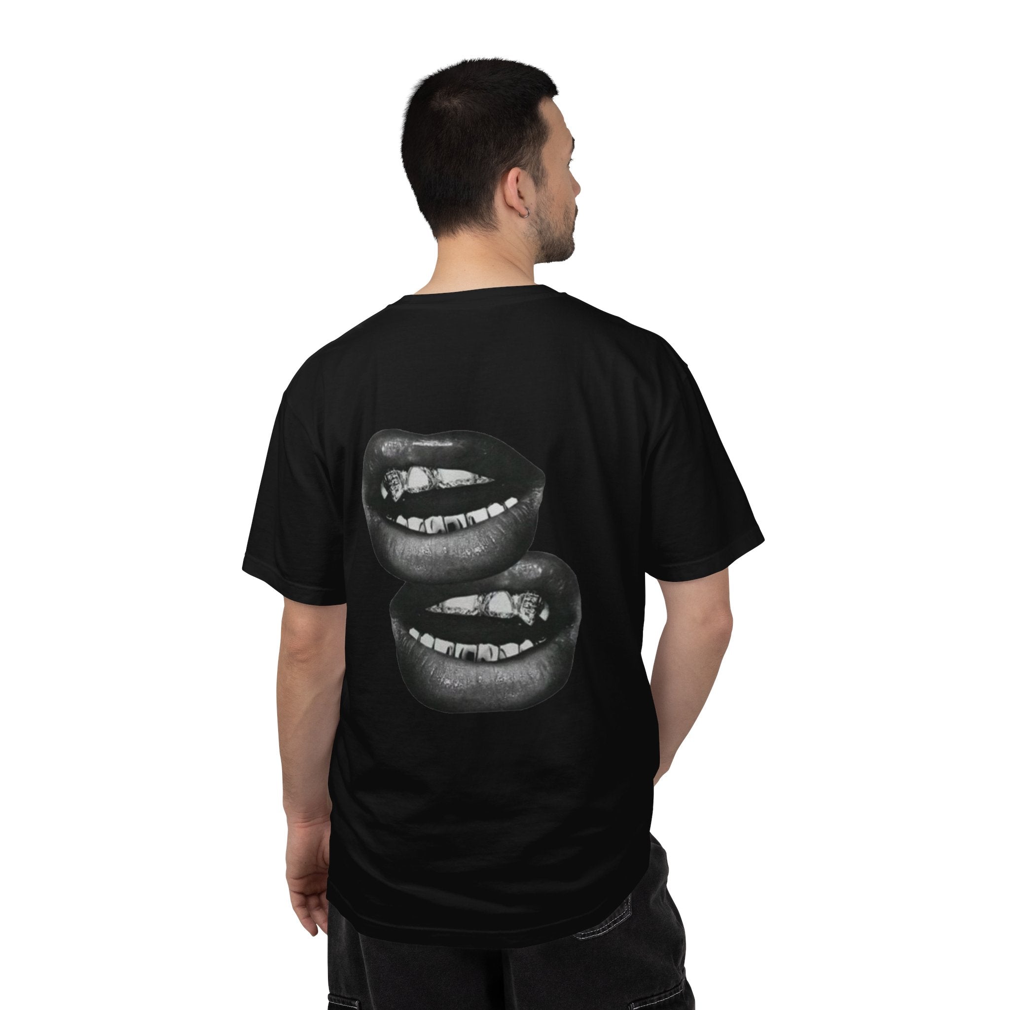 Graphic T-Shirt — Black Stacked Biting Lips Design
