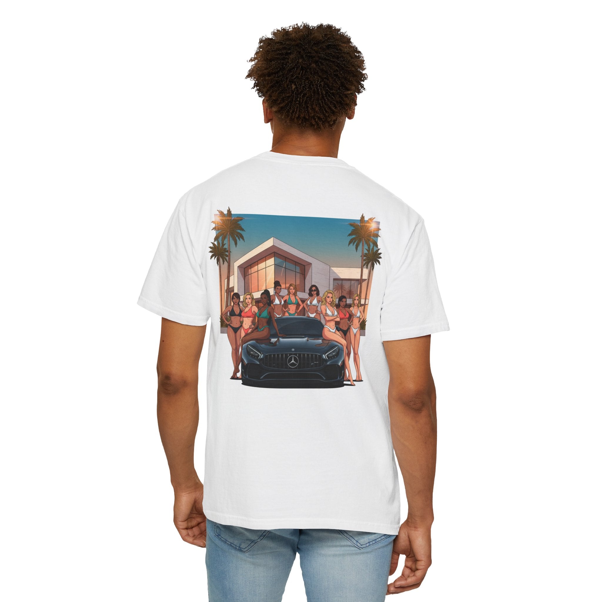 Luxury Pool Party T-Shirt — Sports Car & Bikini Crew Graphic Tee