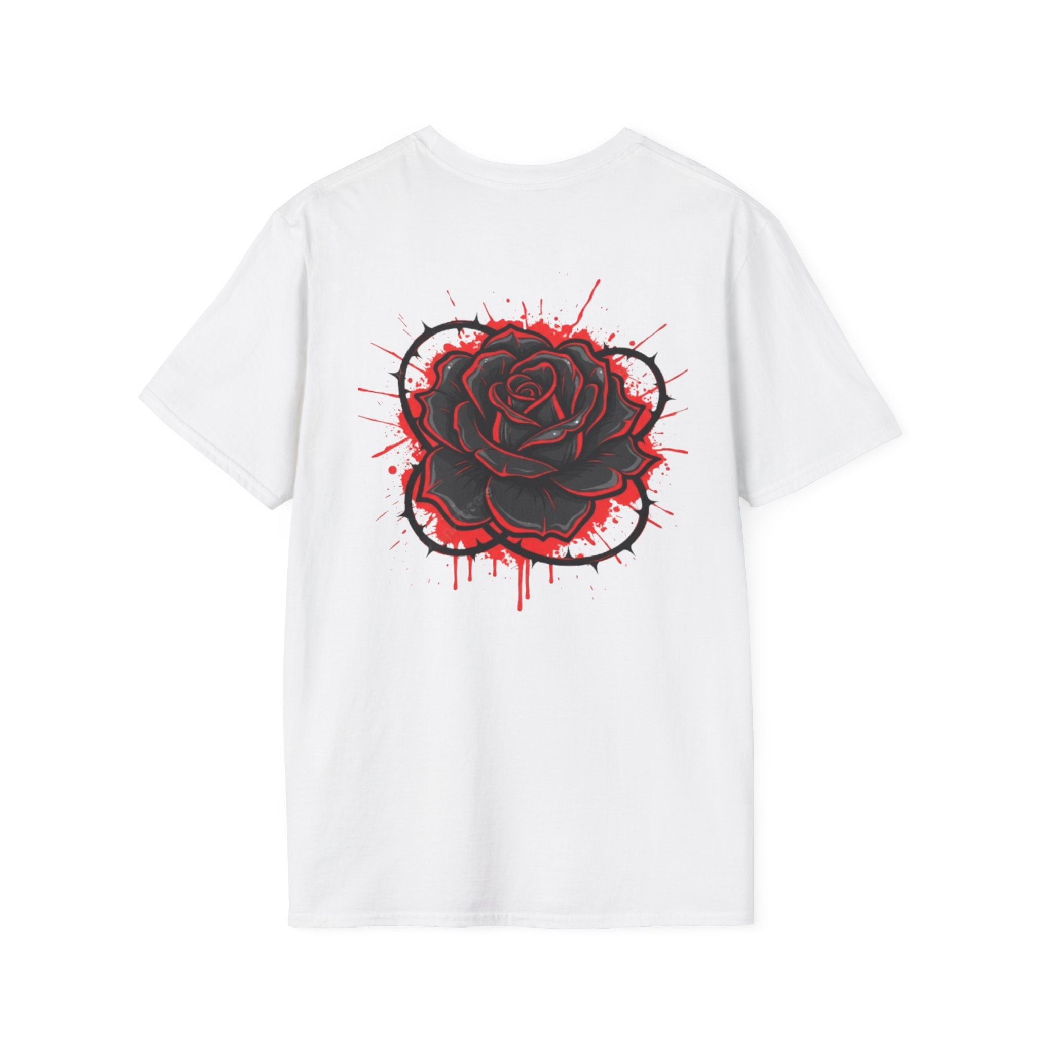 Black Rose Graphic T-Shirt — Gothic Floral Tee with Red Ink Splash