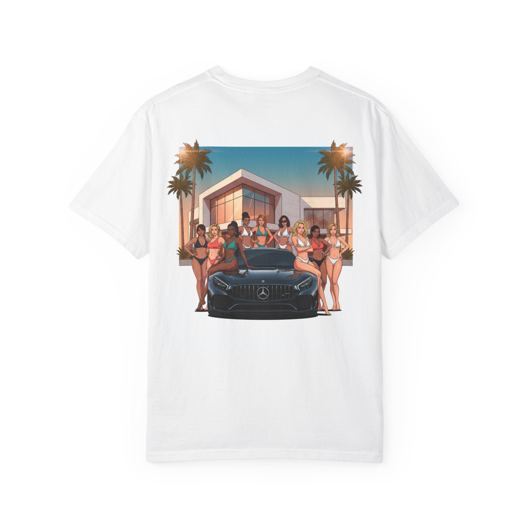 Luxury Pool Party T-Shirt — Sports Car & Bikini Crew Graphic Tee