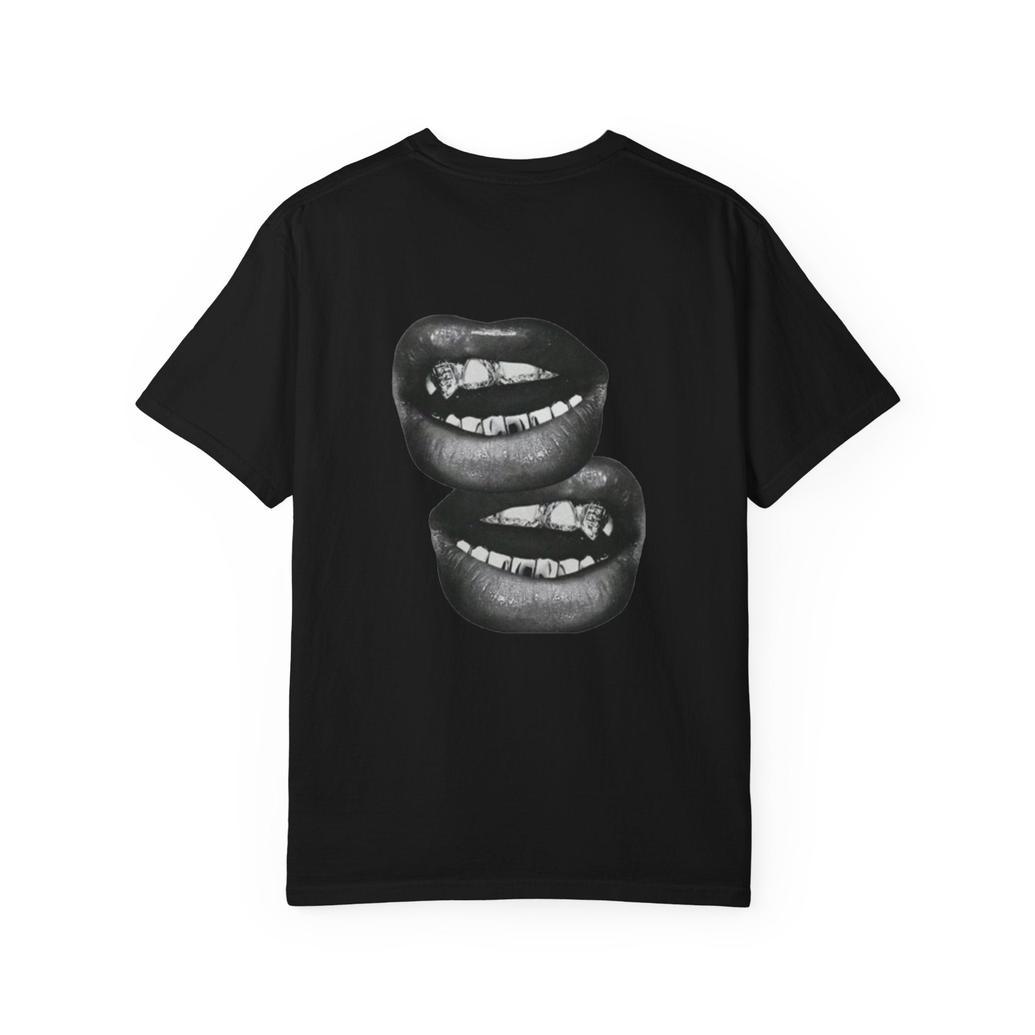 Graphic T-Shirt — Black Stacked Biting Lips Design